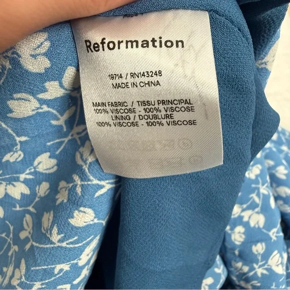 Reformation Blue Floral Tie Strap Midi Dress Size 8 Smocked Back Viscose - Picture 6 of 14